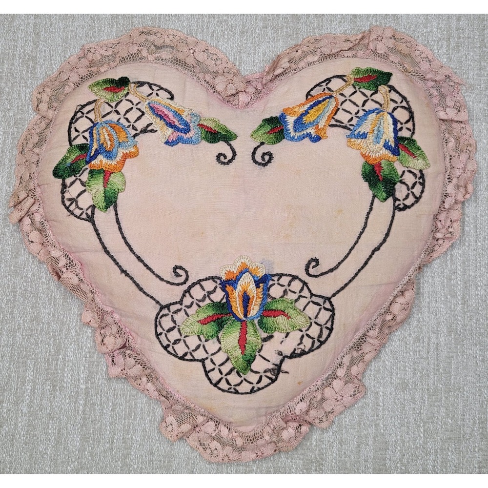 Vintage Embroidered Heart Shaped Pillow Lace 12x12‎ Shabby Chic Cottagecore